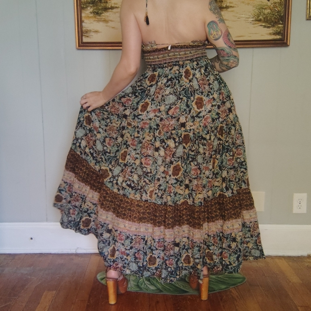 Free People Real Love Strappy Boho Brown Floral Maxi Halter Dress Small Pockets - Picture 13 of 14